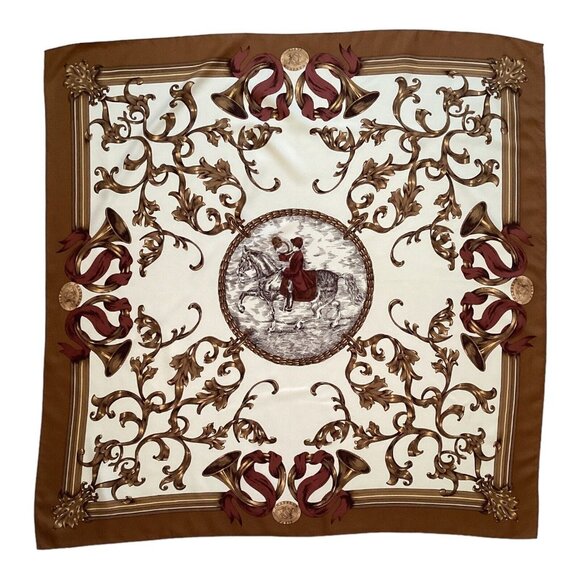 CHASSEUR PARIS Ivory Brown Hunting Print Scarf 35" SQR EX COND - Picture 1 of 9